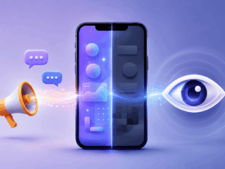 Smartphone between a megaphone and eye icon, representing how advertising and online commentary shape perceptions of Yono-related platforms.