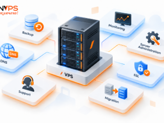 Web hosting infrastructure built around a VPS with backup, monitoring, administration, DNS, SSL, support, and migration services.