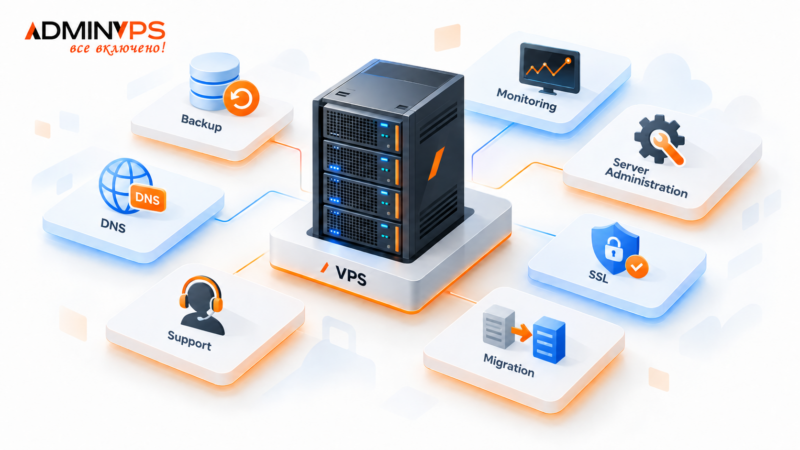 Web hosting infrastructure built around a VPS with backup, monitoring, administration, DNS, SSL, support, and migration services.